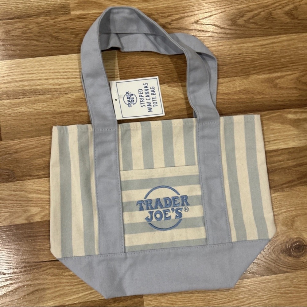 Trader Joe's Limited Edition Striped Mini Canvas Tote Bag Blue Pastel NWT